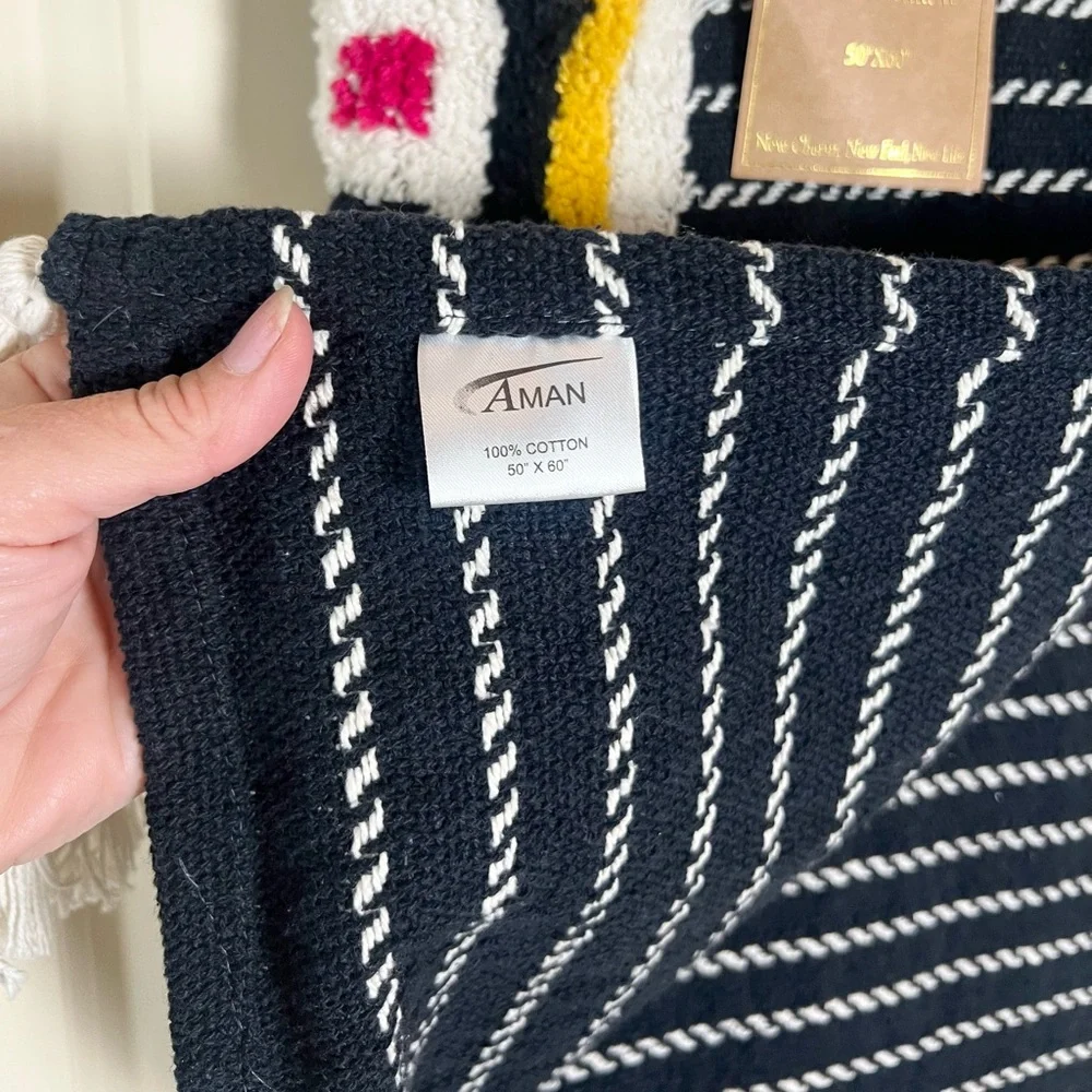 Aman Black & White Striped Boho Blanket throw with decorative large Tassels